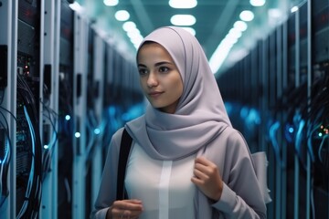 Aufkleber - Muslim lady technician working in a server room with servers in the background