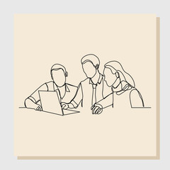 Continuous single one line drawing of business coworkers discussing work at office. Vector illustration	