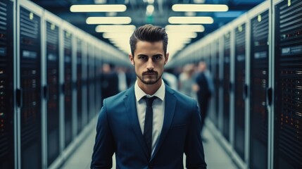 Aufkleber - Man IT engineer standing in a data center with server racks.