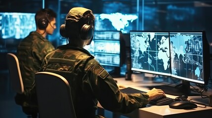 Military checking and working on computer for surveillance in control room, Tracking operation.