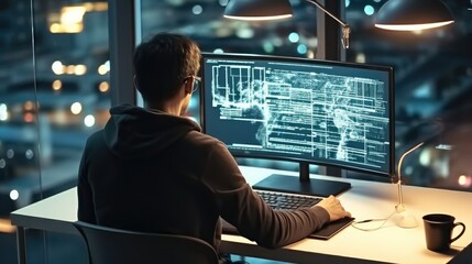 Fototapete - Programmer writing coding on laptop mockup screen for networking, malware or software at modern office.