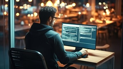 Fototapete - Programmer writing coding on laptop mockup screen for networking, malware or software at modern office.