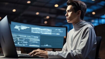 Poster - Asian engineer are developing app software using computer in modern technology office.