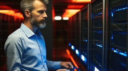 Fototapete - Professional IT specialist working with telecommunication equipments in server room.
