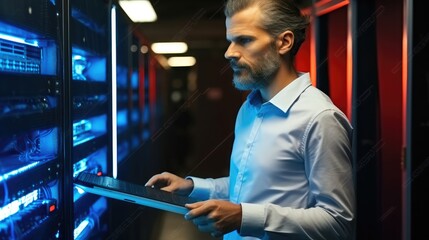 Fototapete - Professional IT specialist working with telecommunication equipments in server room.