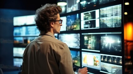 Fototapete - Professional developer standing and looking at computer displays for tracking operation system.