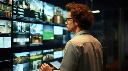 Fototapete - Professional developer standing and looking at computer displays for tracking operation system.