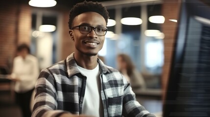 confident african american software engineer developing machine learning algorithm at modern office.