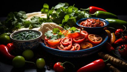 Poster - Freshness and healthy eating on a wooden table, gourmet vegetarian salad generated by AI