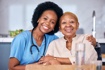 Poster - Portrait, smile and assisted living caregiver with an old woman in a retirement home together. Healthcare, support or community with a happy nurse or volunteer and senior patient hugging in a house