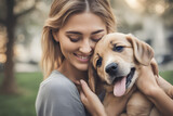 Fototapeta Zwierzęta - A happy photo of a cute puppy being affectionate towards its pretty female owner.