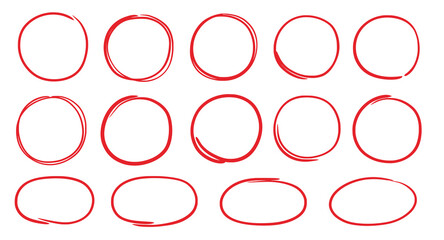 Poster - Hand drawn red oval set. Hand drawn doodle marker, pen stroke line highlight oval frame. Scribble round frame for text highlight. Grunge scratch style set. Vector illustration
