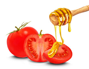 Wall Mural - dripping honey on tomatoes isolated on white background