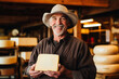 © Anoo - A farmer demonstrates a piece of cheese he made with his own hands. Homemade cheese production on a farm. Natural product. Close-up. Farming concept.