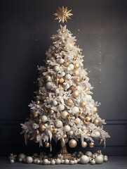 Christmas tree in white and gold decorated in different styles, neutral background.