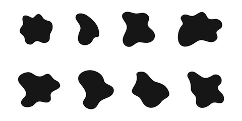 Irregular shapes icons set. Organic blobs, water splotches, liquid ink spots, distorted bubbles textures collection isolated on white background. Amoeba shaped figures. Vector graphic illustration