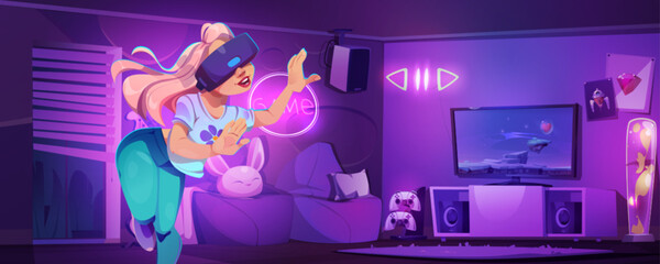 Wall Mural - Girl gamer in living room play vr vector cartoon background. Video game on console with virtual reality technology. Purple house with armchair, tv, led light and playing setup for female teen