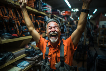 Exuberant man ecstatically explores top-tier hardware store, handyman heaven brimming with DIY tools and woodwork essentials.