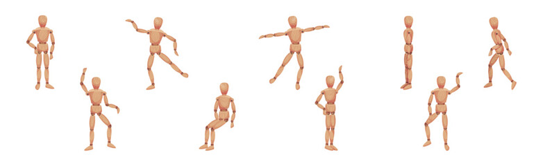 Wall Mural - Wooden Dummy Toy and Man Statue Model with Joints Vector Set