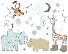 Cute Card With Hand Drawn Safari Animals And Stars.