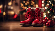 Red Christmas boots with a Christmas tree in the background and lights, Santa Claus boots