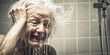 Touching depiction of elderly woman washing her hair alone, highlighting struggles and resilience in maintaining personal hygiene at old age.