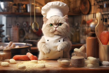 Poster -  A whimsical illustration of a cat wearing a baker's hat and apron, holding a rolling pin and surrounded by baking ingredients. Generative AI technology.