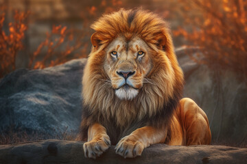 Poster -   A majestic image of a lion, showcasing its regal mane and powerful presence in its natural habitat.  Generative AI technology.