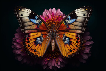 Fototapete - A delicate and colorful photograph of a butterfly perched on a flower, capturing its intricate wing patterns.  Generative AI technology.