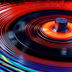 Poster -  A close-up photograph of a vinyl record spinning on a turntable, capturing the grooves and texture of the record surface.  Generative AI technology.