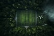 Overhead view of a lush green football field surrounded by dense forest, representing sport, competition, winning, and action. Generative AI