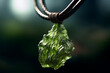 An artistic photo of a raw Moldavite pendant suspended on a leather cord, displaying its unique and otherworldly greenish color, Generative AI technology.
