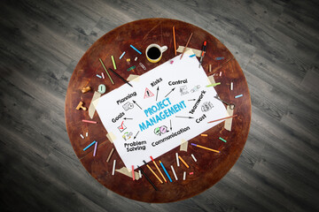 Wall Mural - Project Management Concept. Chart with keywords and icons. Round wooden table