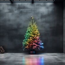 Rainbow Christmas Tree On Dark Concrete Wall. Empty Interior. Copy Space.  Generative AI