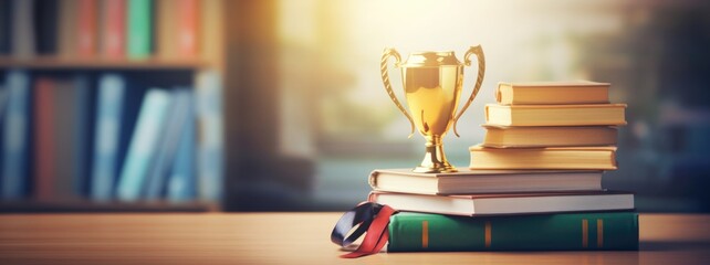 stack of books with golden cup trophy and medal background.