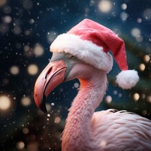 On A Chilly Winter Day, A Vibrant Red Flamingo Wearing A Santa Hat Stands Proudly Amongst A Snowman And Other Holiday Decorations, Its Beak And Feathers Shimmering In The Bright Sunlight