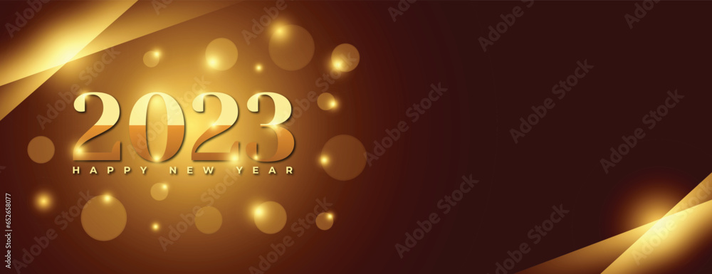 Golden new year 2023 greeting banner with light bokeh effect text space ...