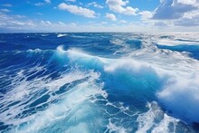Waves Of The Ocean On A Background Of Blue Sky With Clouds, Atlantic Ocean With Blue Water On A Sunny Day. Waves, Foam And Wake Caused By Cruise Ship In The Sea, AI Generated