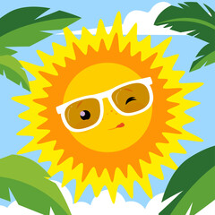  Cute cartoon sun with glasses on a background of palm trees. Vector illustration