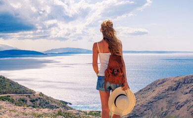 Sticker - Woman enjoying panoramic sea landscape- Croatian coast, Krk island- travel, tour tourism,vacation