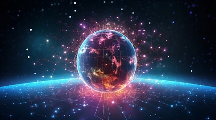 Wall Mural - technological progress: globe with neon nexus lines, grid, and nodes - world wide web concept 