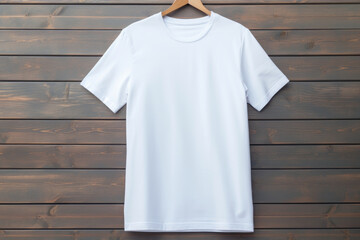 Wall Mural - White T-shirt on a hanger on a wooden background