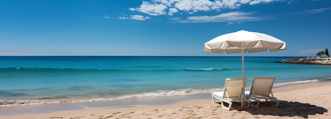 two chairs on the beach and an umbrella