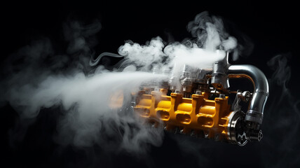 Wall Mural - a running wound-up internal combustion engine is isolated on a black background, there is smoke, a car spare part is fictional graphics