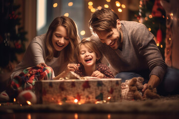 family celebrating christmas, family opening christmas gifts