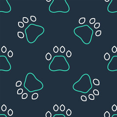 Poster - Line Bear paw footprint icon isolated seamless pattern on black background. Vector