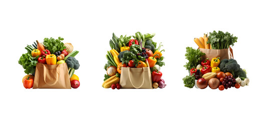 Wall Mural - Supermarket. Paper bag full of healthy food isolated on transparent background