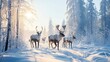 In vast snowfield, reindeer roam under blue sky