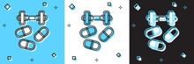 Set Sports Doping, Anabolic Drugs With Dumbbell Icon Isolated On Blue And White, Black Background. Anabolic Steroids Tablet. Pills In Jar. Vector