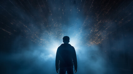 Wall Mural - silhouette of a guy, a man view from the back against a background of blue fog and rays of light, a fictional character computer graphics